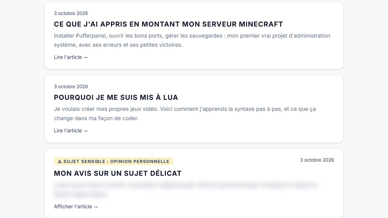 Aperçu de la page Blog : liste d'articles, dont un sujet sensible flouté