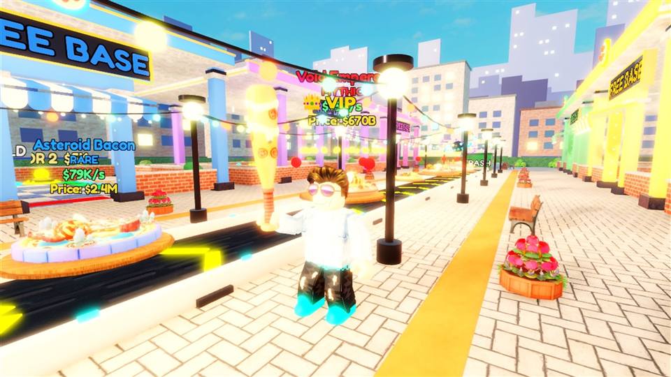 Capture du jeu : un joueur avec une batte de baseball dans la rue, à côté du tapis roulant de pizzas