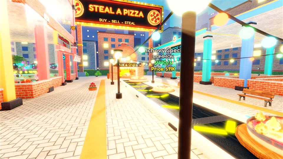 Capture du jeu Voler une pizza : l'enseigne, le tapis roulant et des pizzas